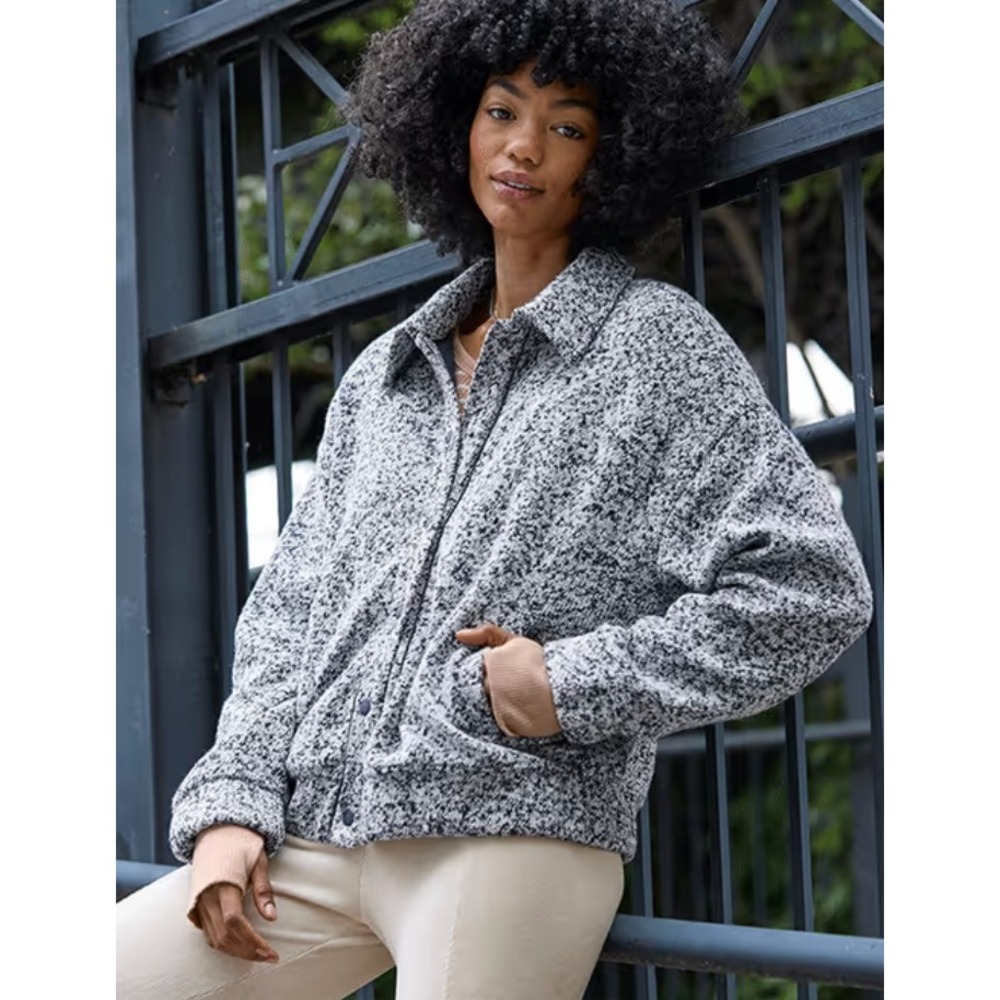 Offline by Aerie Boucle Knit Jacket Sz L Black White Lined Pockets Oversize Cozy